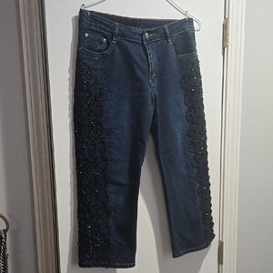 Women's Blue and Black Embellished Jeans
